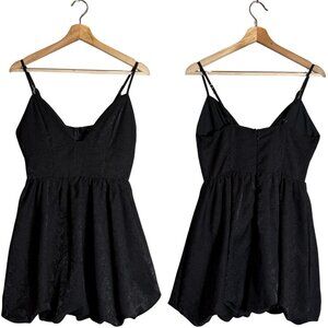 Storia Deep V Metallic Paisley Bubble Hem Micro Mini Dress Women's Small Black